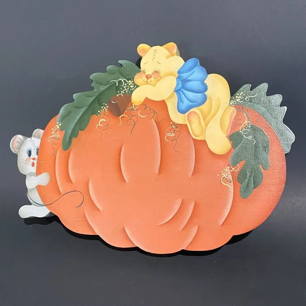 vintage Americana hand painted wooden cookie jar lids/decor Fall Pumpkin cute 9x